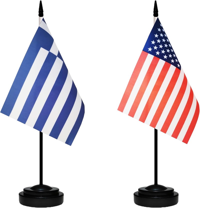tibijoy USA American & Greece Greek Desk Flags, US Greece Office Table Flag, Small Mini Miniature Greek and US Desktop Flag With 13" Solid Black Pole, Black Base - Image 1